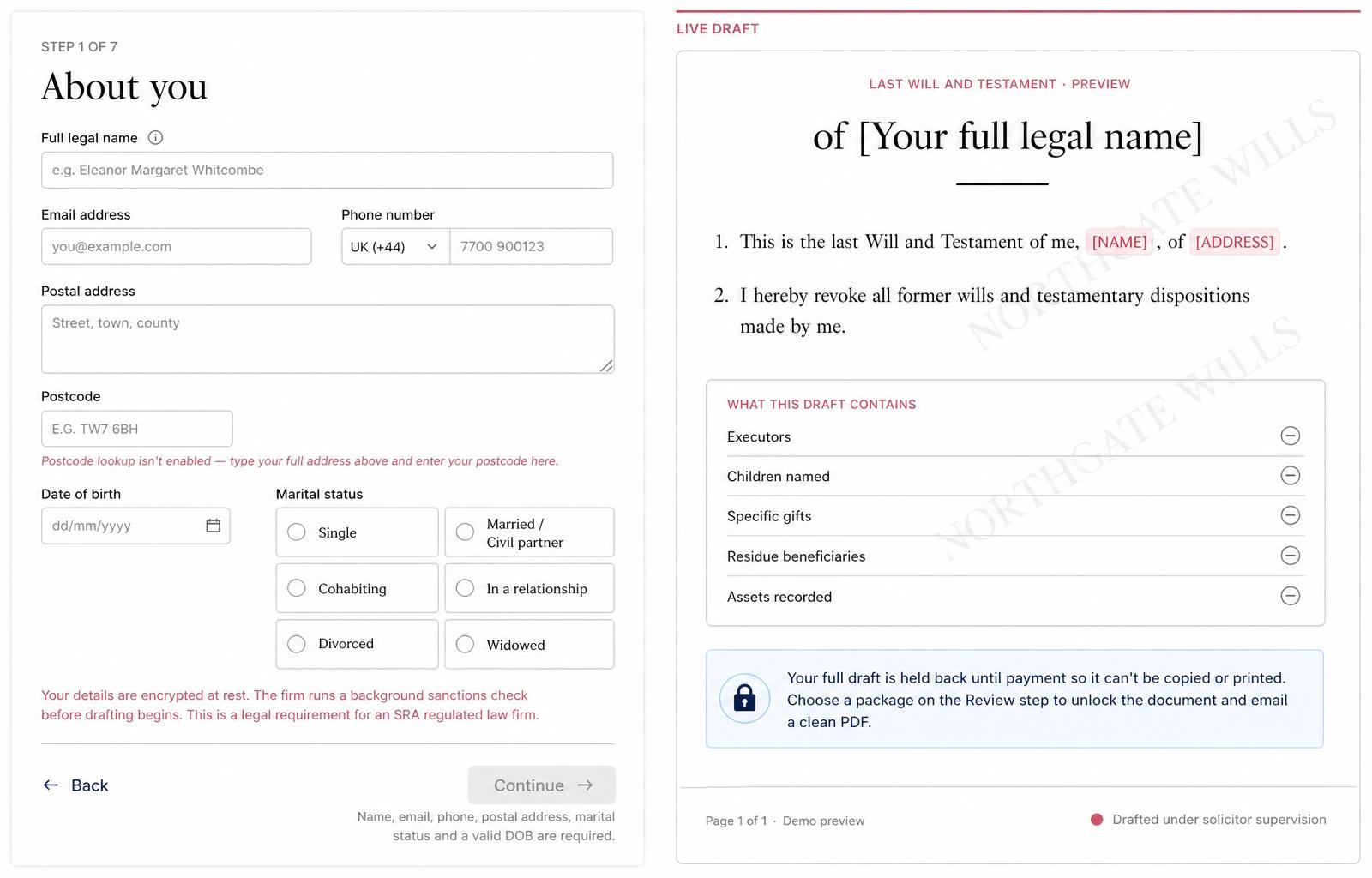 Reference Vaulted intake portal — stepped questionnaire on the left, live Will draft preview on the right. Fictional firm for illustration.